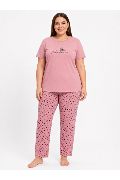 FAMES PİJAMA Plus Size Women's Summer Short Sleeve Awesome Pink Pajama Set