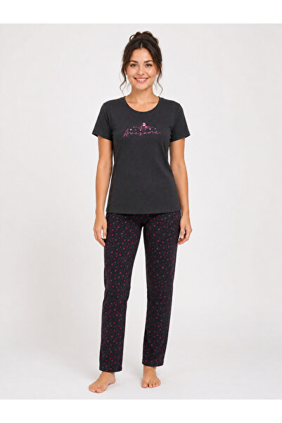 FAMES PİJAMA Women's Summer Short Sleeve Awesome Anthracite Pajama Set
