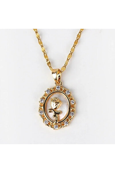 Peach Jewelry Κολιέ Τριανταφύλλο Οβάλ Ροζέτα Ζιρκόνιο από 316 Ανοξείδωτο Ατσάλι