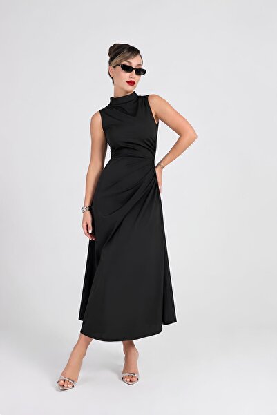 MOVİMENT Women's Black A-Line Midi Dress |   Asymmetrical Ruffle Draping Deta...