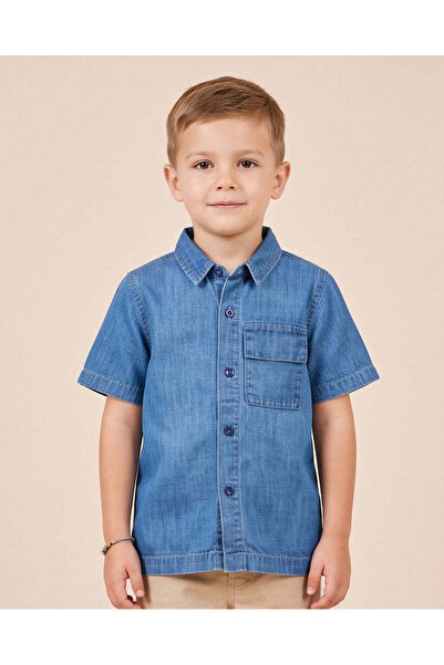 REDTAG Boys Dark Wash Denim Short Sleeve Shirt