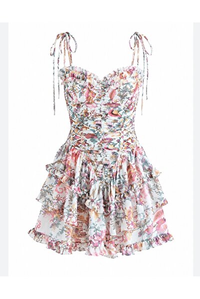 St boutique Fırfırlı Renkli Mini Elbise