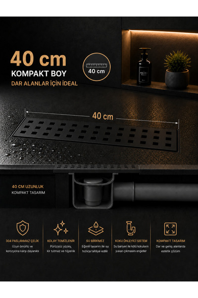 RALKEN 40 cm Lineer Dikdörtgen Duş Kanalı Mat Siyah Paslanmaz Çelik | Koku Ön...