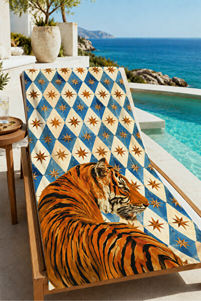 Evmila Maximalist Tiger Blue Gold Diamond Geometric Pattern 70X150 Beach Towe...