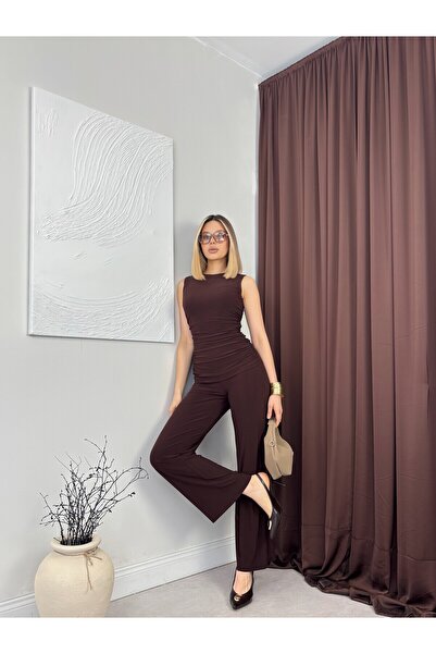 Clothes Fast Γυναικεία καφέ φόρμα χωρίς μανίκια, με λαιμόκοψη ποδηλάτου, με λ...