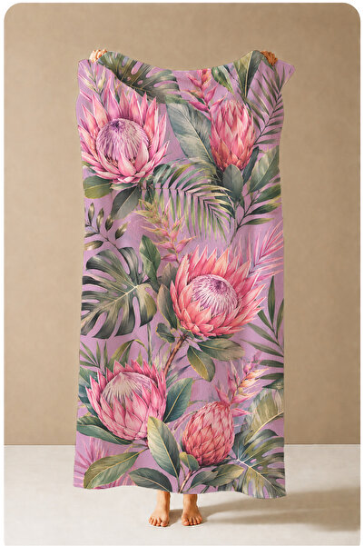 Evmila Botanical Purple Pink Protea Flower Patterned 70X150 Beach Towel - Dig...