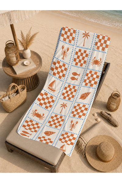 Evmila Bohemian Orange Blue Geometric Tile Motif Patterned 70X150 Beach Towel...