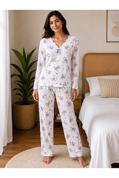 BALİS PİJAMA Women's Plus Size Floral Patterned Long Sleeve Pajama Set with E...