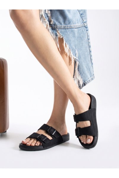 Amiral Ayakkabı Women's Black Double-Strapped Buckle Casual Comfortable Summer Slippers