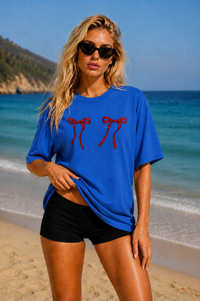 FECCY Premium Bowknot Printed Oversize Women's T-Shirt Cotton Oversize T-Shirt