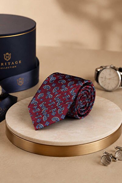 Kravatkolik Burgundy Shawl Pattern Italian Silk Pleated Tie Est254