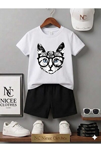 Leto Lykia Summer Children's T-Shirt Shorts Unisex (Cat with Glasses Printed)