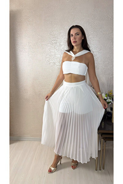 Genel Markalar Aksesuar Detaylı Crop Bluz Ve Maxi Plise Astarlı Pantolon Prem...