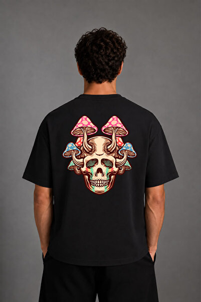 VSRN 6 Mushroom Head Design Back Printed Black Oversize T-Shirt