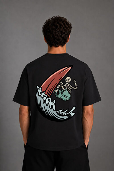 VSRN Tricou oversize negru cu imprimeu pe spate și design Skeleton Surf