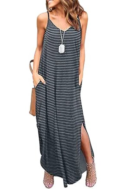 GENERAL HUSKARY Women's Summer Casual Sleeveless V Neck Strappy Split Loose D...