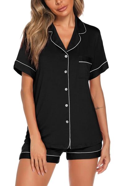Aamikast Button Up Pajama Set for Women Shorts Short Sleeve Knit Sleepwear 2 ...