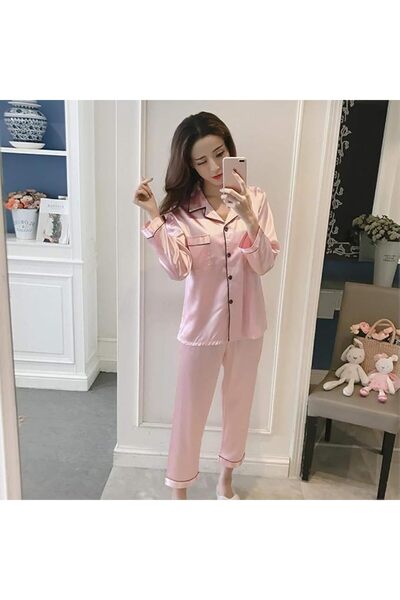 GENERAL Women Pajama Sets Silk Satin Pijama Turn-Down Collar Sleepwear Lady L...