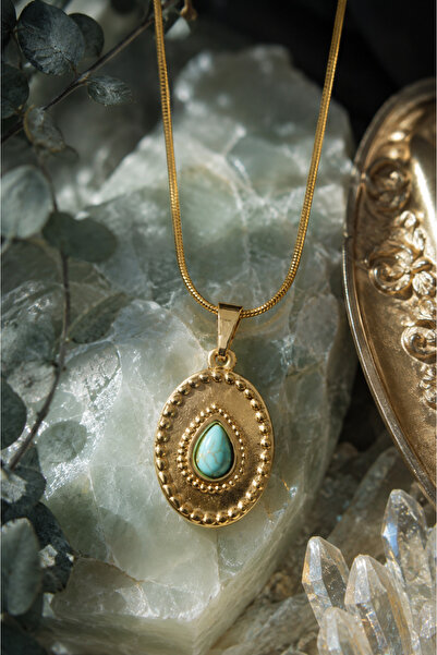 Sylvera Shop Vintage Medallion Steel Necklace with Drop Turquoise Stone (Gold...
