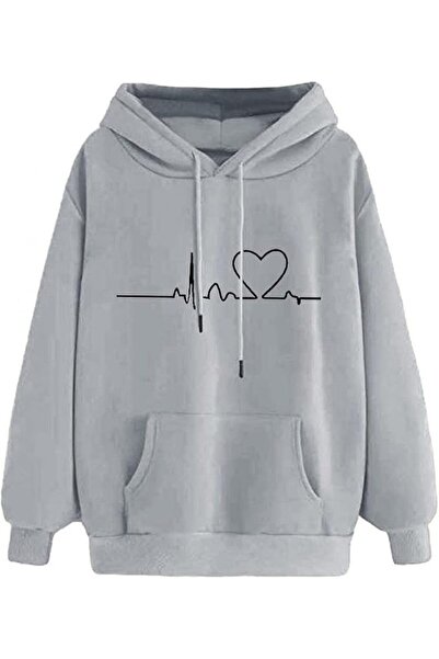 GENERAL Women Oversized Hoodies Heart Print Casual Sweatshirts Solid Colour H...