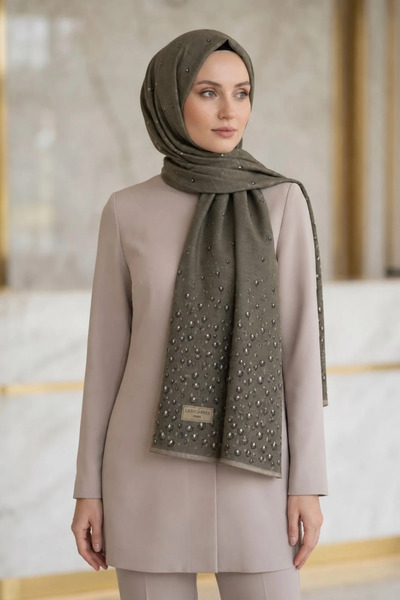 Lesscarves Desenli Pamuk İpek Şal LS2302 Çiçekli Desen 04-Koyu Vizon