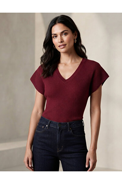 KUĞU Women's Burgundy V-Neck Ribbed Short Sleeve Knitwear Blouse Casual Styli...
