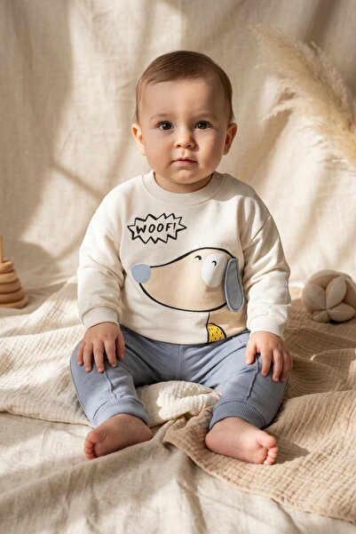 Babydonat طقم أطفال من قطعتين من Pawsy Cotton بتصميم كلب - سويت شيرت قطني أبي...