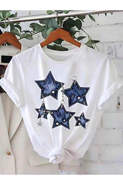 4CR Stylish Women's Star Pattern Design, Pure Cotton T-Shirt, Summer Casual W...