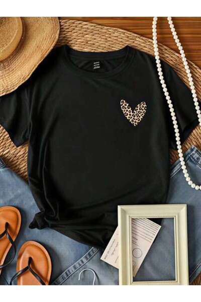 23ERVA Women's Leopard Heart Pattern, Pure Cotton T-Shirt, Summer Casual Wear...