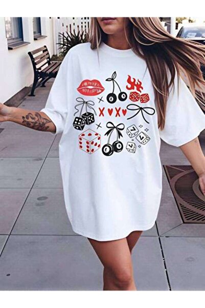 23ERVA Summer Outfit Women, Cherry Dice Pattern T-Shirts, Funny Vintage T-Shi...