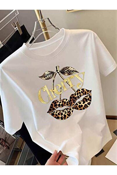 23ERVA Cherry, Women's Leopard Lips Design, Pure Cotton T-Shirt, Summer Wear,...