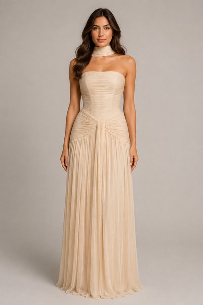 CAN ÇAPAR Drapeli Strapless Long Chiffon Evening Dress