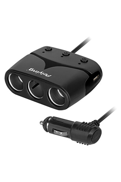 Peiying Splitter brichetă auto cu 3 ieșiri, cu USB și cablu