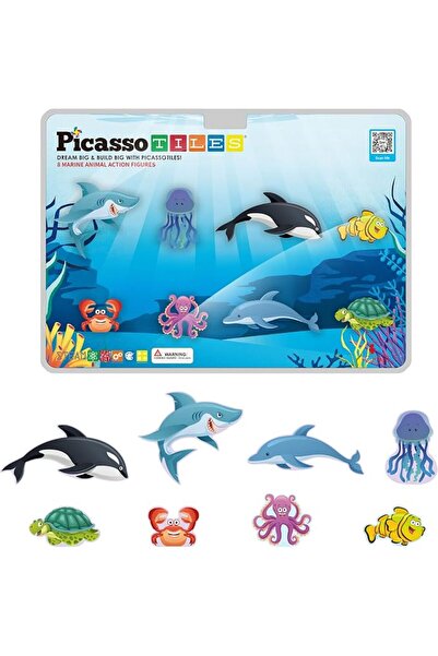 PicassoTiles 8 قطع من مكعبات البناء المغناطيسية مع 8 شخصيات حيوانات بحرية متو...