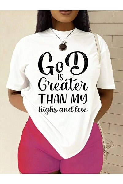 4Car Women God Is Greater Faith T-Shirt White Short Sleeve Round Neck Tee Wit...