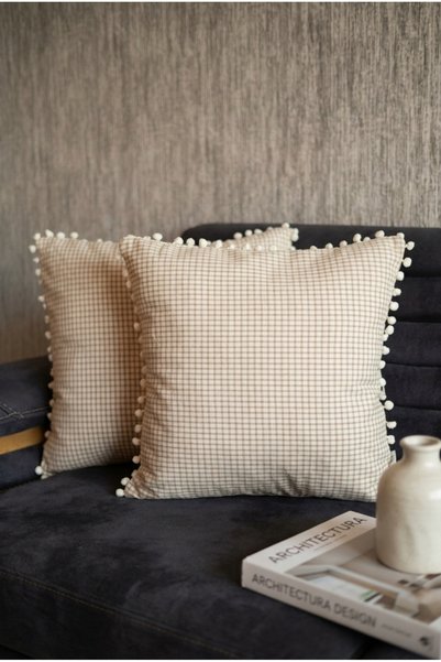 Rayda Home Milky Brown Gingham Patterned Pompom Decorative Throw Pillow Cover Set of 2 43*43 cm