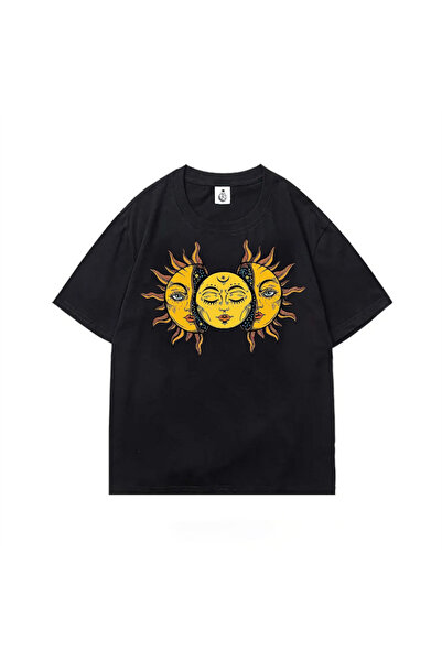 DEEFWEAR Mi̇ngalondon Sun and Moon Oversize Unisex Black T-Shirt