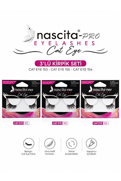 nascita Pro Cat Eye Takma Kirpik 3’lü Set 153 155 154 Yapıştırıcılı Tekrar Ku...