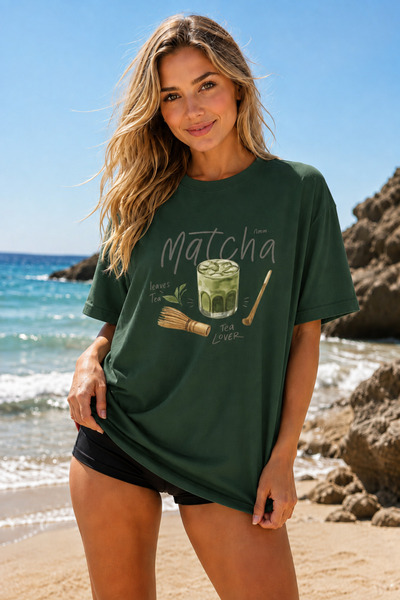 FECCY Tricou unisex oversize cu imprimeu Premium Matcha pentru femei Tricou p...