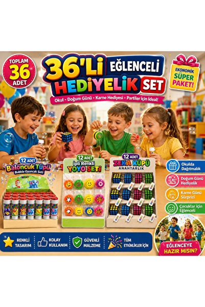 KAR TANESİ 36'lı Eğlenceli Hediye Seti 12 Baloncuk Tüpü 12 Yoyo 12 Zeka Küpü Anahtarlık Okul Karne Parti