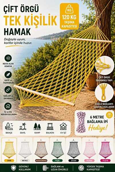 ASG ÇİFT ÖRGÜ RENKLİ İPTEN EL ÖRGÜSÜ TEK KİŞİLİK ŞIK HAMAK 120 KG TAŞIMA KAPA...