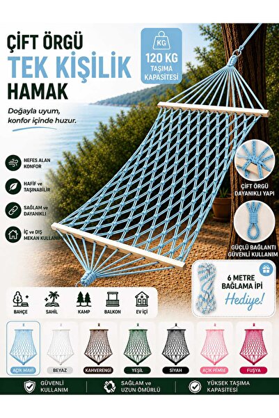 ASG ÇİFT ÖRGÜ RENKLİ İPTEN EL ÖRGÜSÜ TEK KİŞİLİK ŞIK HAMAK 120 KG TAŞIMA KAPA...