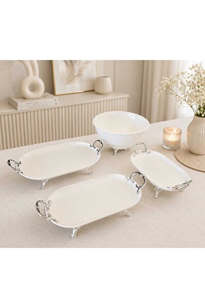 Buldem 4 Piece Silver Porcelain Presentation Set – Decorative Serving Plate S...