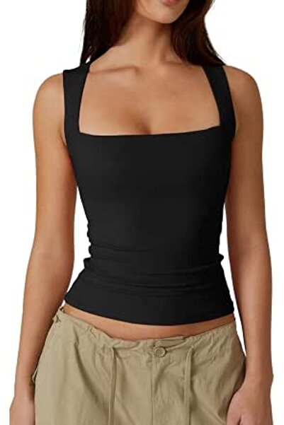 GENERAL Women's Square Neck Sleeveless Double Layer Tank Tops Summer Sleevele...