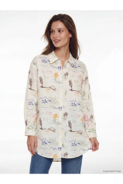 LC Waikiki Lcw Modest Ecru Patterned Oversize Women's Shirt Tunic