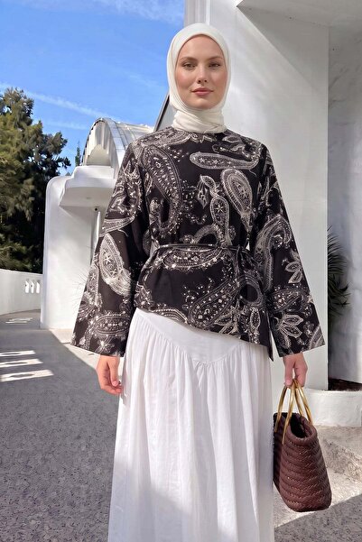 Salih Çelebi Buta Patterned Asymmetrical Blouse Y0166 - Dark Brown
