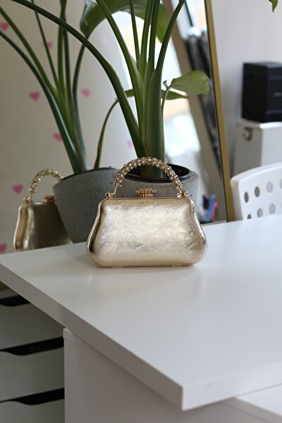 Moom Bag Kadın Gold Kasalı Taşlı Tutma Saplı Zincirli Abiye Çanta