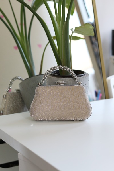 Moom Bag Women's Gold Patterned Case with Stone Handle and Chain Evening Dres...