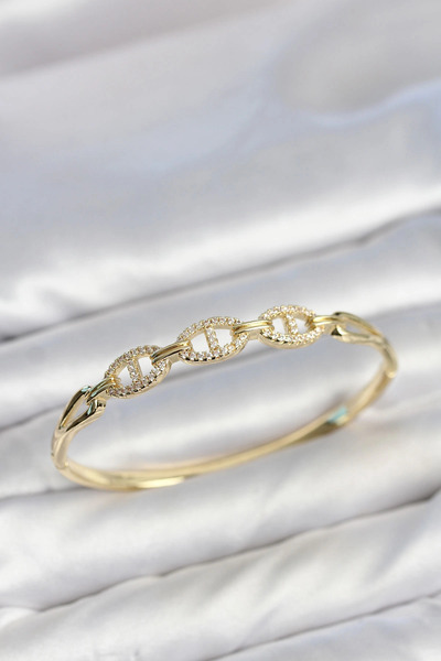 SORA GROUP Gold Color Ship Chain Model Zircon Stone Women's Handcuff Bracelet