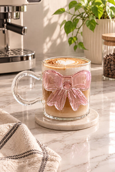 kitcheva 400 ml Pembe Fiyonk Desenli Zarif Cam Kupa Bardak Şeffaf Çay Kahve K...